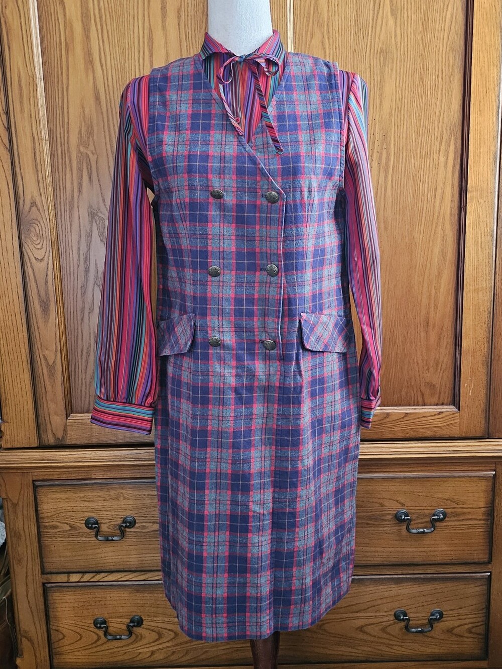Vintage 90s Plaid Pinafore Dress Double Breasted Preppy Academia Size 6